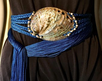 Paquette Nautilus Belt VTG DOUGLAS PAQUETTE Aqua Blue Leather Belt w/ Heavy Gold  main image 2