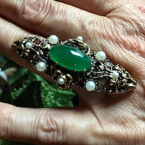Vintage Filigree Cocktail Ring: Green Czech Glass & Faux Pearls, Adjustable
