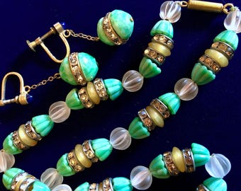 Art Deco Czech Glass Beaded Necklace and Neiger Earrings: Antique Chic