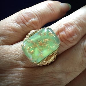 Vintage Czech Glass Cabochon Ring: Mint Green Gold Foil Filigree, Adjustable
