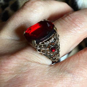 Vintage Czech Filigree dead stock Ring with a deep Ruby Red Crystal, adjustable, Boho, Goth
