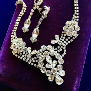Vintage Diamante Jewellery: Prong set crystal necklace and clip-on earrings image 1