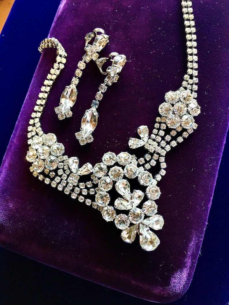 Vintage Diamante Jewellery: Prong set crystal necklace and clip-on earrings image 1