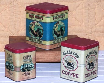 Vintage Metal Collector Tins, Set of Three, Farmhouse Kitchen Decorator Canister Collection, Rooster, Black Cow
