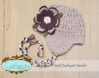 CLEARANCE SALE - 6 to 12 Months - Ear Flap Hat with Flower -  Light Gray, Charcoal, Soft Ecru, Sage Green