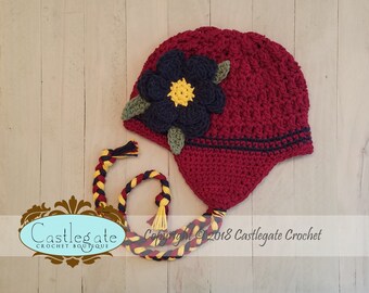 CLEARANCE SALE - 12 to 24 Months - Ear Flap Hat with Flower -  Burgundy, Navy Blue, Gold, Sage Green