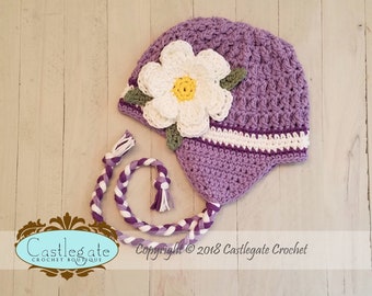 CLEARANCE SALE - 12 to 24 Months - Ear Flap Hat with Flower -  Light Grape, Black Current, Soft Ecru, Gold, Sage Green
