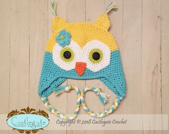 CLEARANCE SALE Size 12 to 24 Months - Owl Ear Flap Hat - Gold, Seabreeze, Hot Green, Orange, White