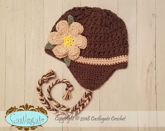 CLEARANCE SALE - 12 to 24 Months - Ear Flap Hat with Flower -  Dark Taupe, Jute, Gold, Sage Green