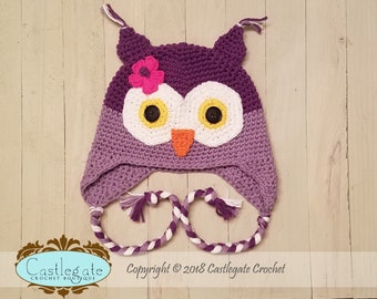 CLEARANCE SALE - Size 12 to 24 Months - Owl Ear Flap Hat - Black Current, Light Grape, Yellow, Soft Ecru, Hot Pink, Orange