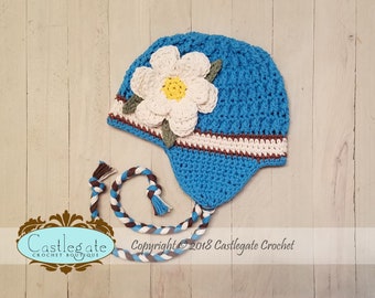 CLEARANCE SALE - 12 to 24 Months - Ear Flap Hat with Flower -  Bright Blue, Dark Taupe, Yellow, Soft Ecru, Gold, Sage Green