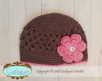 CLEARANCE SALE - 12 to 24 Months - Flower Beanie - Dark Taupe, Country Pink