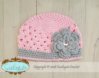 CLEARANCE SALE - Size 0 to 3 Months - Flower Beanie - Pastel Pink, Light Gray