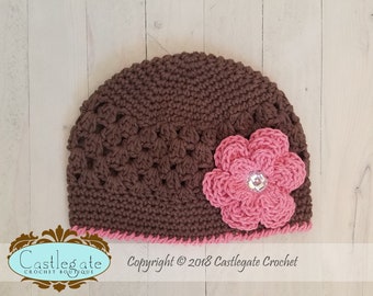CLEARANCE SALE - 2T to 4T - Flower Beanie - Dark Taupe, Country Pink