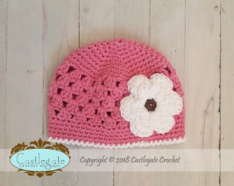 CLEARANCE SALE - 12 to 24 Months Flower Beanie - Country Pink, Soft Ecru