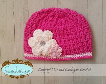 CLEARANCE SALE - 2T to 4T Flower Beanie - Hot Pink, Soft Ecru, Pastel Pink