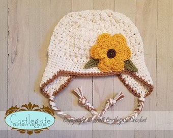 CLEARANCE SALE - 12 to 24 Months Ear Flap Hat with Flower -  Soft Ecru, Army Tan, Gold, Sage Green