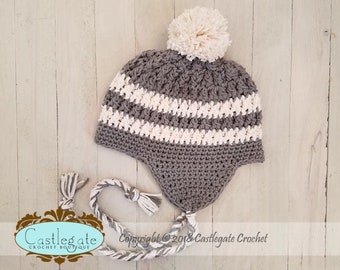 CLEARANCE SALE - Size 12 to 24 Months Ear Flap Hat with Pom Pom -  Overcast, Ecru