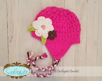 CLEARANCE SALE - 12 to 24 Months Ear Flap Hat with Flower -  Hot Pink, Ecru, Hot Green, Dark Taupe