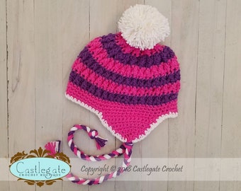 CLEARANCE SALE - Size 6 to 12 Months Ear Flap Hat with Pom Pom -  Hot Pink, Black Current, White