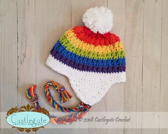 CLEARANCE SALE - 2T to 4T Ear Flap Hat with Pom Pom -  White, Red, Orange, Yellow, Bright Green, Blue, Dark Purple