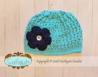 CLEARANCE SALE - Size 12 to 24 Months Flower Beanie - Seabreeze, Dark Navy Blue