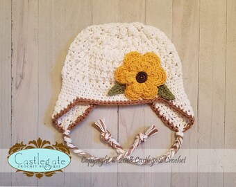CLEARANCE SALE - Size 5T to Preteen Ear Flap Hat with Flower -  Soft Ecru, Army Tan, Gold, Sage Green