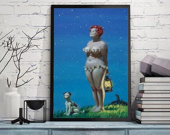 Moonlit Hilda - Pin-Ups-Vintage Art Wall Print,Home office decor,Original vintage pop art poster,Vintage poster,gicle print in various sizes