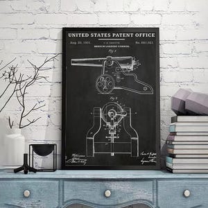 May include: Black and white vintage patent drawing of a breech loading cannon. The drawing shows two views of the cannon, one from the side and one from the front. The patent number is 681,021 and the date is August 20, 1901. The patent is for C.H. Griffith.