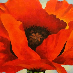 May include: A vibrant, close-up painting of a red poppy flower. The petals are a bright, saturated red with darker shading, revealing the flower's intricate details. The center is a dark brown with a yellow center, set against a light blue background.