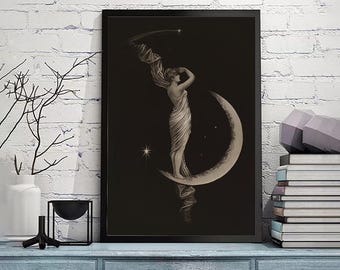 Impresión Art Nouveau vintage, póster de luna vintage, arte de pared en lienzo, giclée, pintura, reproducción en lienzo, impresiones artísticas, impresión giclée en varios tamaños