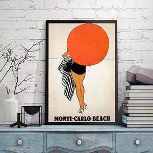 Playa de Montecarlo, Mónaco: póster de viaje vintage, impresión artística vintage para pared, decoración de oficina en casa, publicidad vintage, impresión giclee en varios tamaños