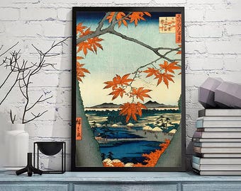 Maple Trees at Mama - Utagawa Hiroshige-Vintage Japan Poster,Japanese art print,modern print,Japanese Wall Art, gicle print in various sizes