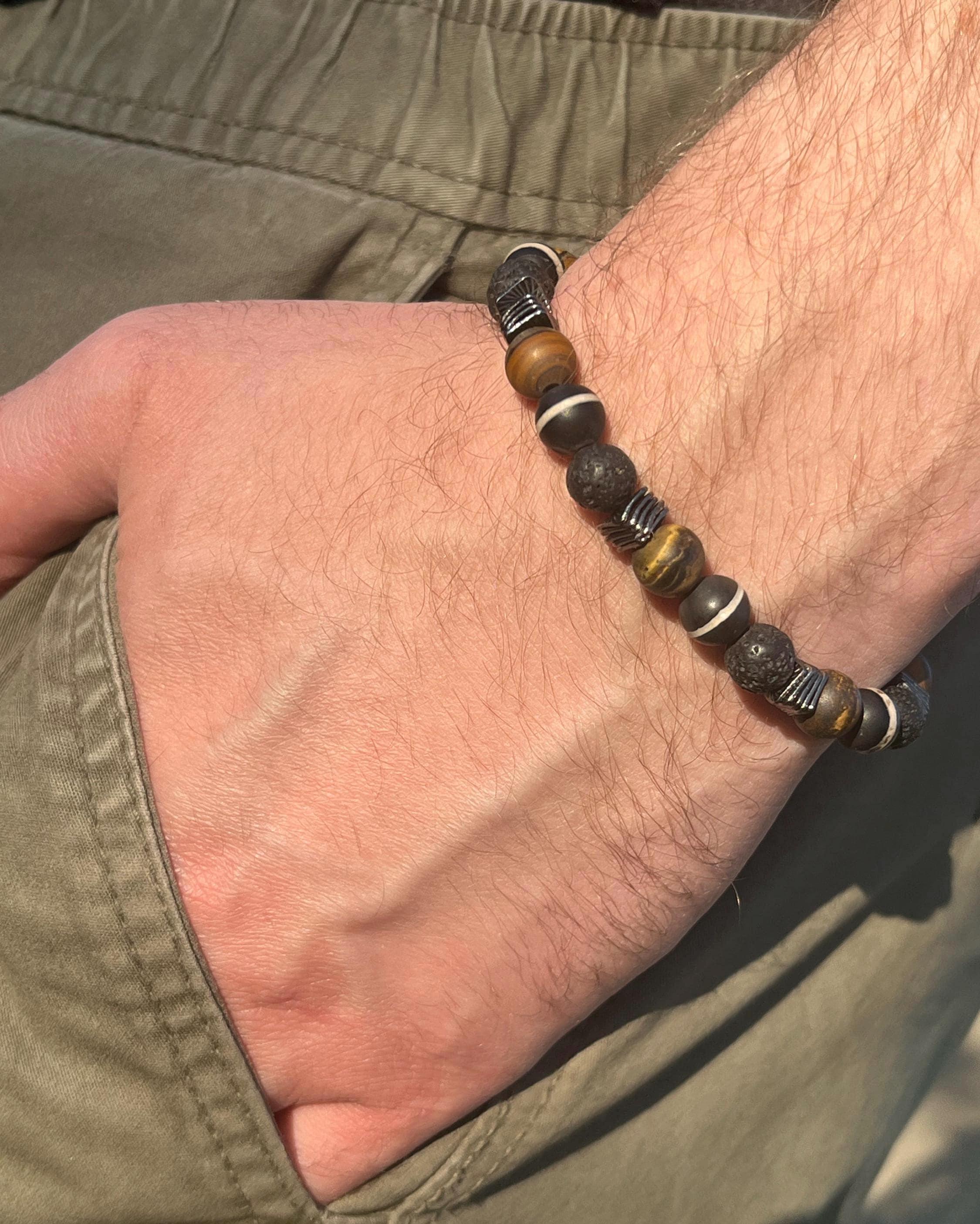 【AEKKI】Brown Mill Eclipse Natural Stone Bracelet Vintage 12k Gold Filled Oval Shape Multi Stone Carved Scarab