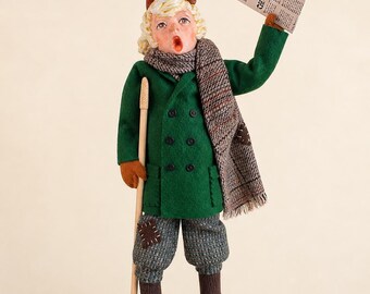 RARE Simpich Newsboy, The London Time Character Figurine. 1997 Dickens Christmas Caroler Figure Wood Base Original Collector Display