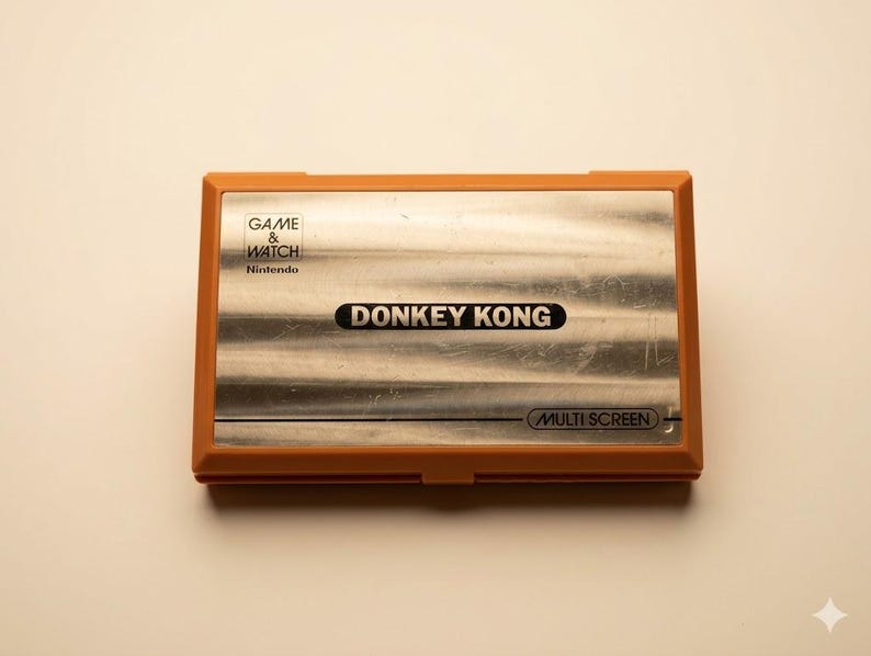 K&ouml;nnte beinhalten: Ein Vintage Nintendo Game & Watch Donkey Kong Handheld-Spiel. Das Ger&auml;t hat einen orangefarbenen Rahmen und einen silbernen Bildschirm mit dem Spieltitel. In der oberen linken Ecke steht "Game & Watch" und "Nintendo". Unten steht "Multi Screen".