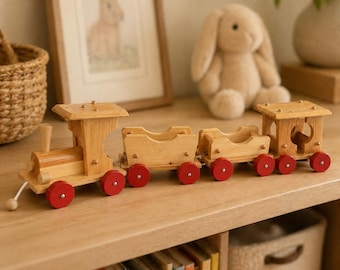 Handmade Wooden Pull Toy Train Set Folk Art Natural Wood Red Wheels 4 Pc