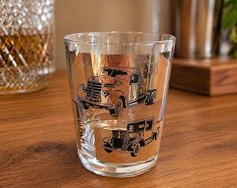 Vintage Antique Car Lowball Glass Black Gold Barware Old Fashioned Tumbler Set of 5