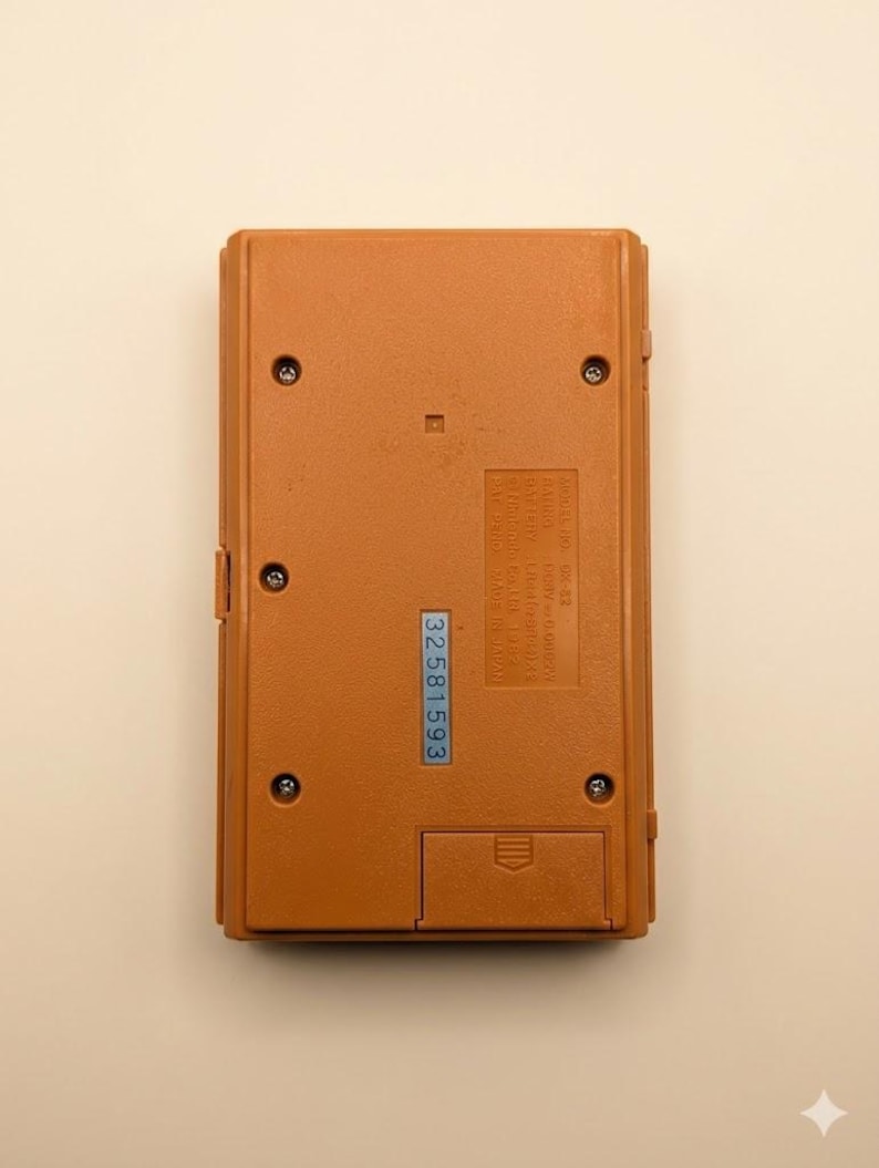 K&ouml;nnte beinhalten: R&uuml;ckseite einer Vintage-Handheld-Spielkonsole in warmem Braun. Sichtbar sind Schrauben, ein Batteriefach und ein blauer Aufkleber mit der Nummer 32581593. Das Ger&auml;t hat eine rechteckige Form.