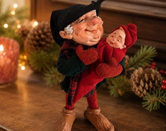 RARE! 1985 Simpich Elf Papa Handmade Figure with Baby, Retired Colorado Springs Holiday Collector Display Character Doll