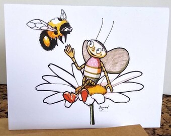 Greeting card BEE and BUG friendship sweet drawing kid notecards blank card  geek odd just because thinking of you