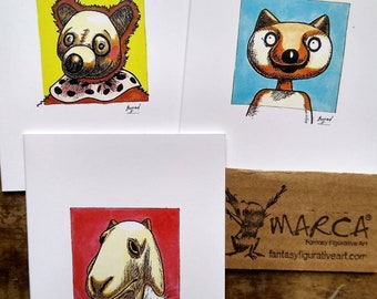 Greeting cards Animal set of 3 three notecards blank card Goat Fox Bear goofy odd cards just because children kid cartoon