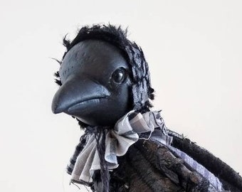 crow art doll 8" tall companion for my line of mini dolls bird seasonal halloween bjd prop black bird posable