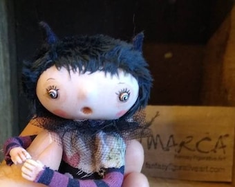 Miniature art doll "Adelita" flesh tone or Goth posable Bjd  prop anime cat ears figurine handmade