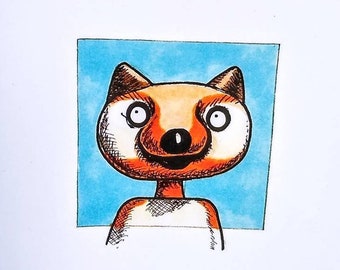 Greeting card FOX colorful notecards blank card  geek wild life cartoon odd just because thinking of you