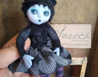 Miniature Goth cat girl art doll "Mimi"  posable made to order figurine handmade