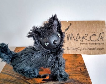 Black cat posable miniature perfect companion for Adelita, lalila, Mimi art dolls.  Plush Halloween prop can be customized "Otto" style