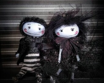 Goth art doll couple dressed as goth bride and groom Bridal gift custom made