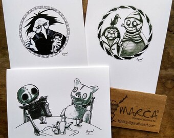 Greeting cards HALLOWEEN set of three cards notecards blank card witch sewing skeleton goblin goth odd cards just because witchy hour