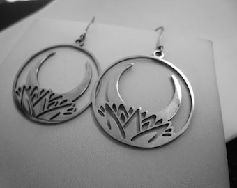 Lotus Flower and Moon Silver Stainless Steel Earrings JE2347